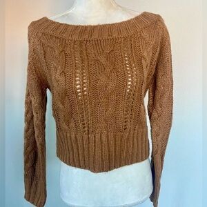 Chunky Cable Knit Off Shoulder Crop Sweater-Camel